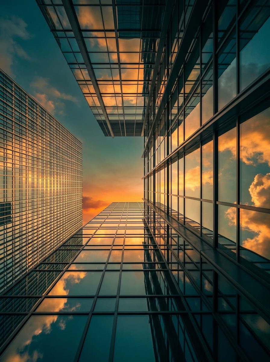 skyscraper, architecture, modern, glass, building, reflection, sunset, sky, nature, city, abstract, geometric, perspective, contemporary, future, dawn, urban, petrol, orange, clouds, constructivism
