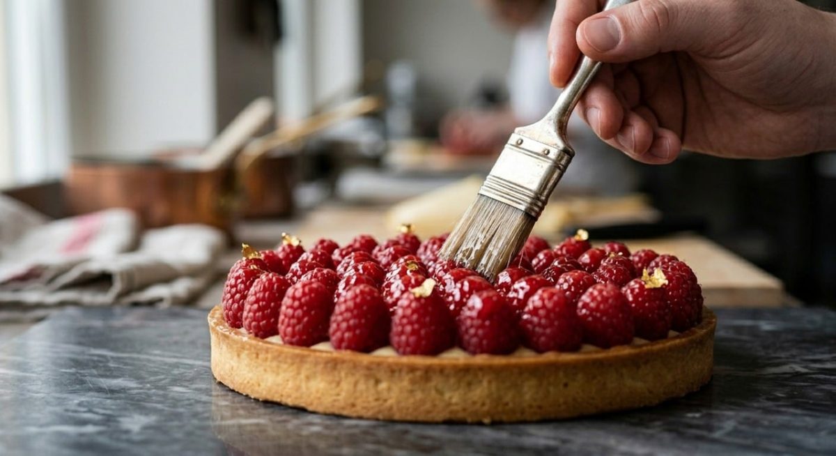 pastry chef hand, raspberry tart, chocolate glaze, gold leaf accents, luxury pastry, chocolate crust, fruit and chocolate, close up shot, marble counter, baking art, tart, elegant presentation, fresh raspberries, food decoration, luxury dessert, instant meringue, ripple effect, precision presentation, chocolate plate, confectionery