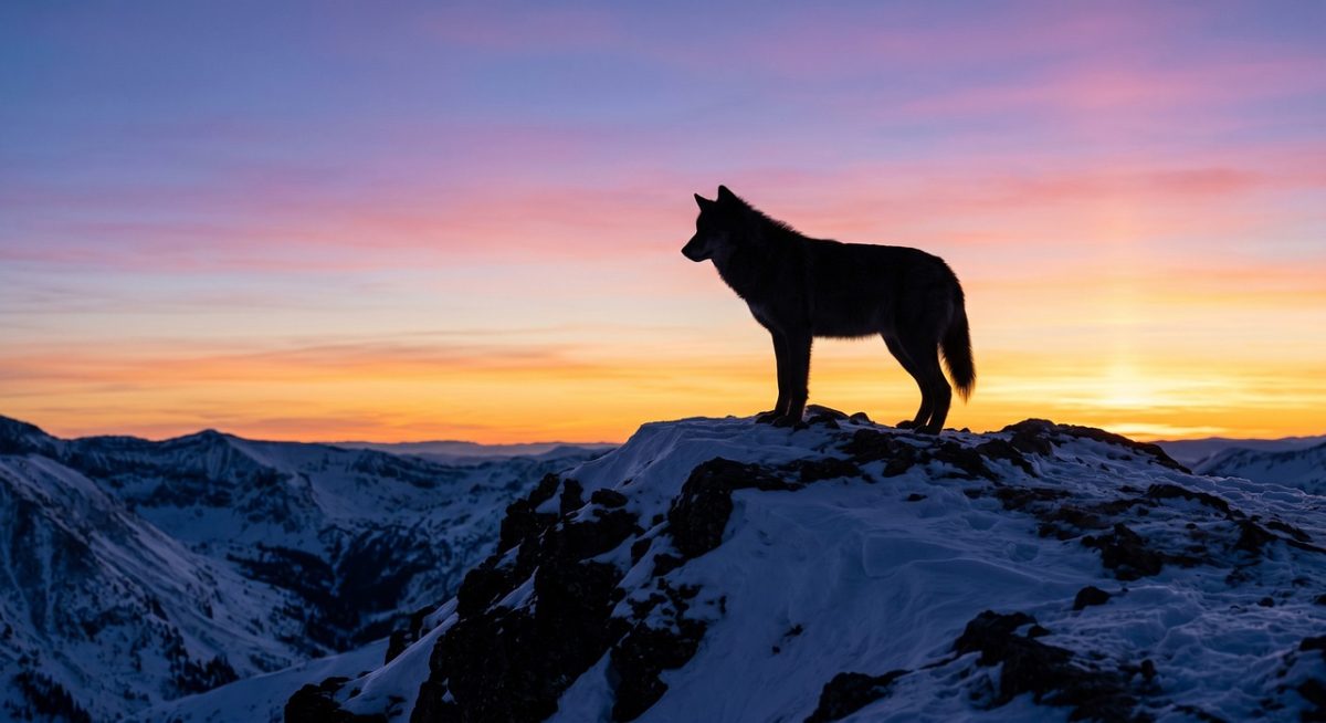 wolf, silhouette, mountain peak, winter, snow, nature, dusk, pastel sky, overlook, sunset, lone wolf, wilderness, majestic, canis lupus, horizon, predator, standing wolf, cold climate, one, environment
