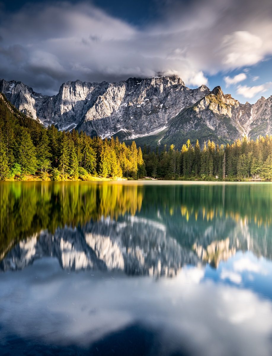 reflections, mountains, lake, nature, sunset, landscape, forest, cloudy, alps, tranquility, breathtaking, peaceful, hiking, serenity, dusk, blue sky, silent, wonder, snow, tourist