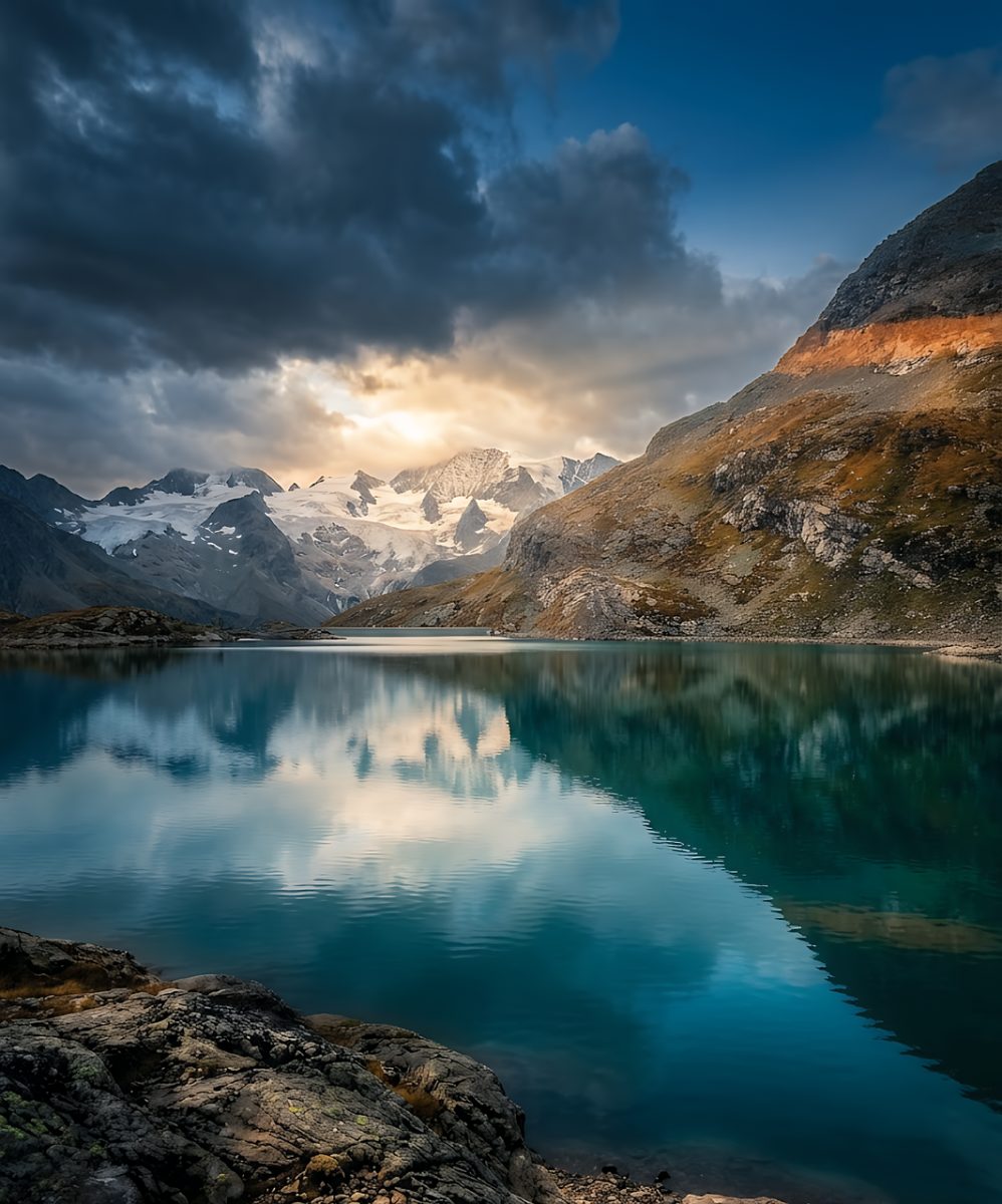 mountains, lake, reflection, clouds, sky, sunset, alps, nature, hiking, calm, relaxation, water surface, landscape reflection, calm water, mountaineering, travel, panorama, fresh air, escape to nature, travel photography