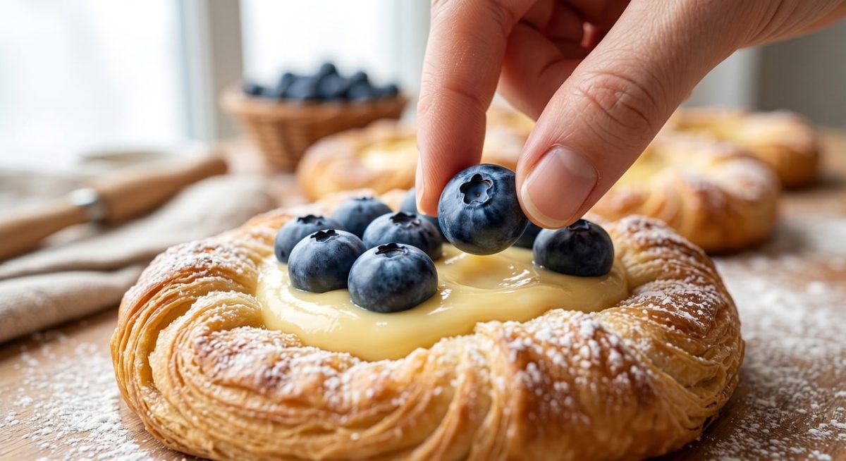 danish pastry, fruit tart, custard filling, fresh blueberries, hand picking, food styling, powdered sugar, golden, puff pastry, flaky crust, dessert preparation, baking, delicious, breakfast pastry, confectionery, fingers, sweet treat, basket of blueberries, baking session, rolling pin, pastry board