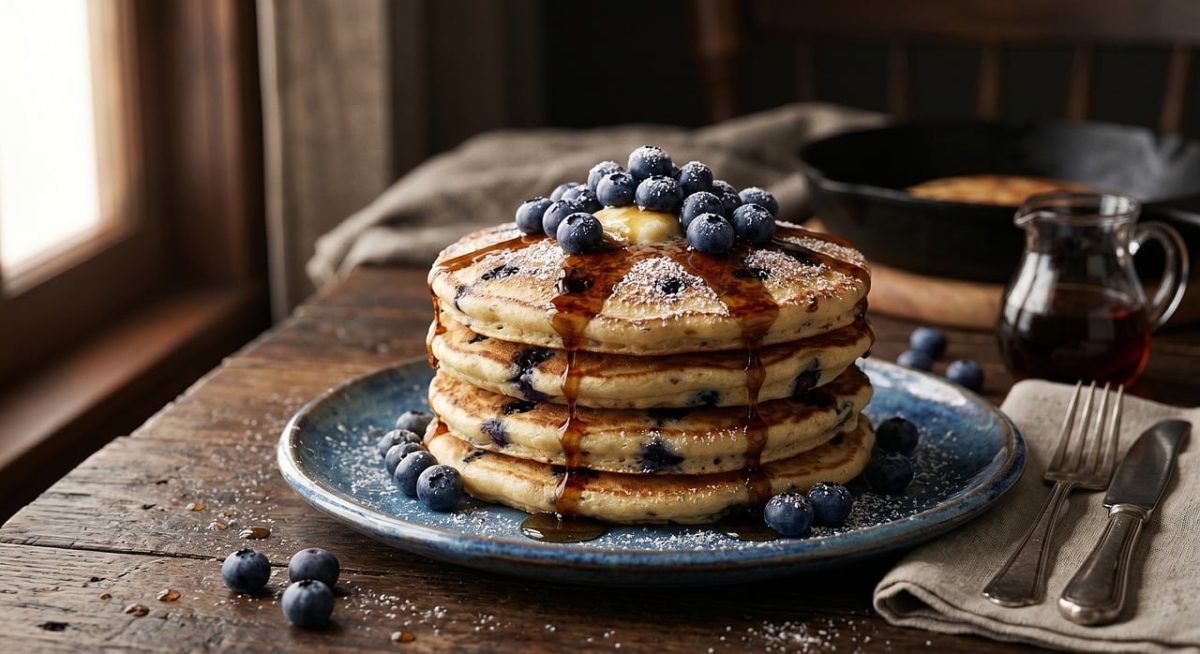 pancakes, blueberries, maple syrup, butter, wooden table, food styling, breakfast, powdered sugar, syrup drizzle, blue plate, fresh berries, leisure, warm morning, artistic photography, cast iron, rustic, linen, soft, comfort food, fork