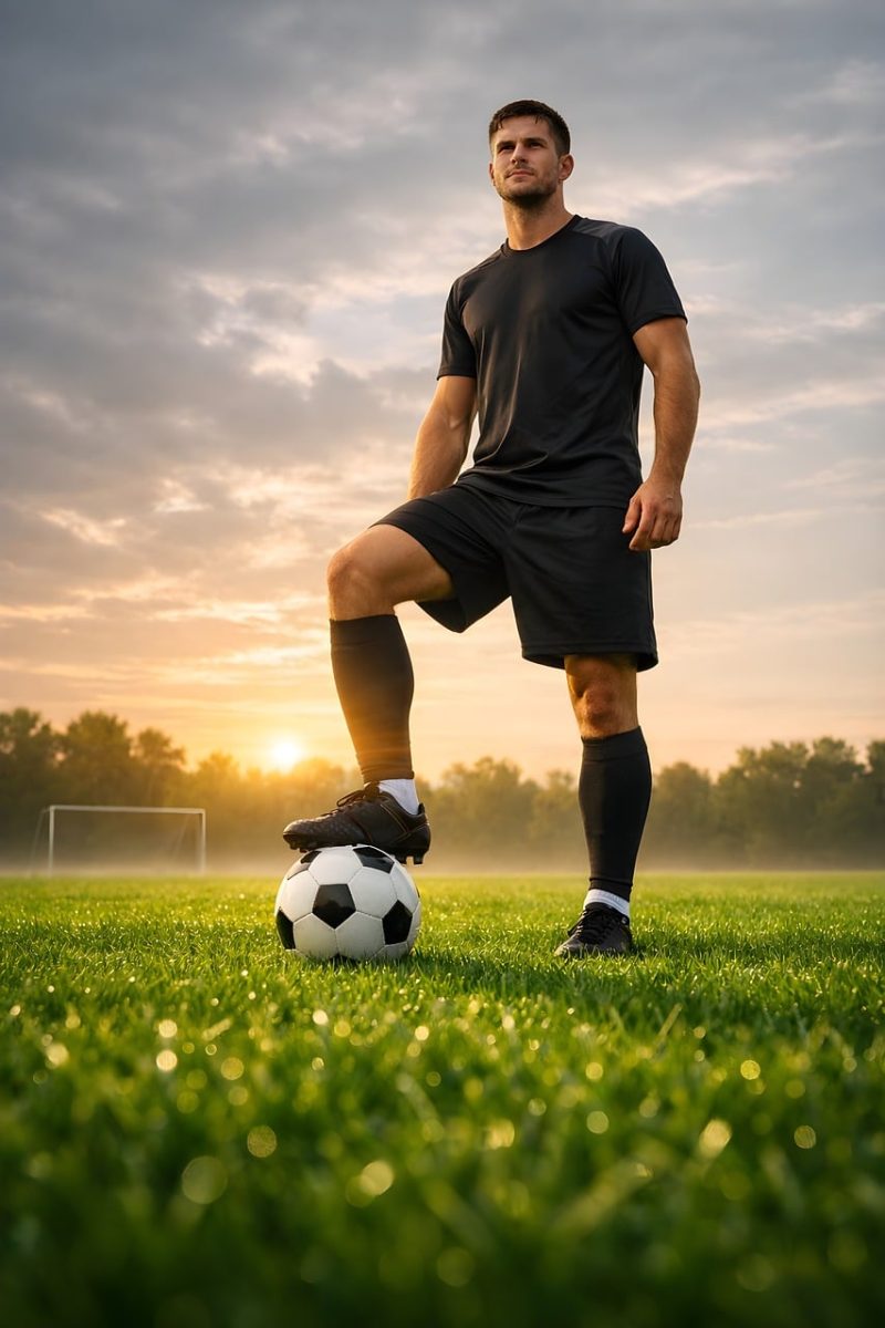 soccer, player, athlete, training, practice, sunrise, sunset, golden, light, warm, field, grass, goal, nature, stadium, ball, focus, silhouette, outdoors, sport, preparation