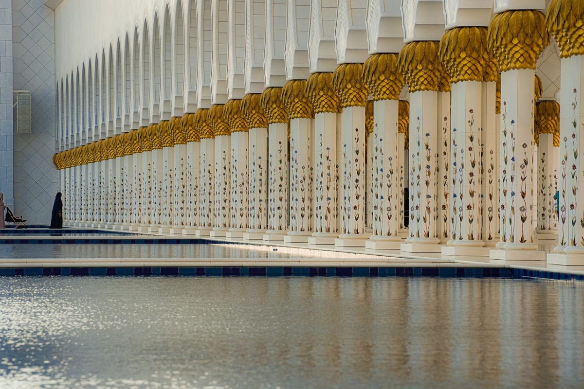 mosque, architecture, islam, religion, prayer, tourism, emirates, arabic architecture, vault, decorative, woman, colonnade, water, nature, columns, city edge, reflection, lighting, golden, silence, detail
