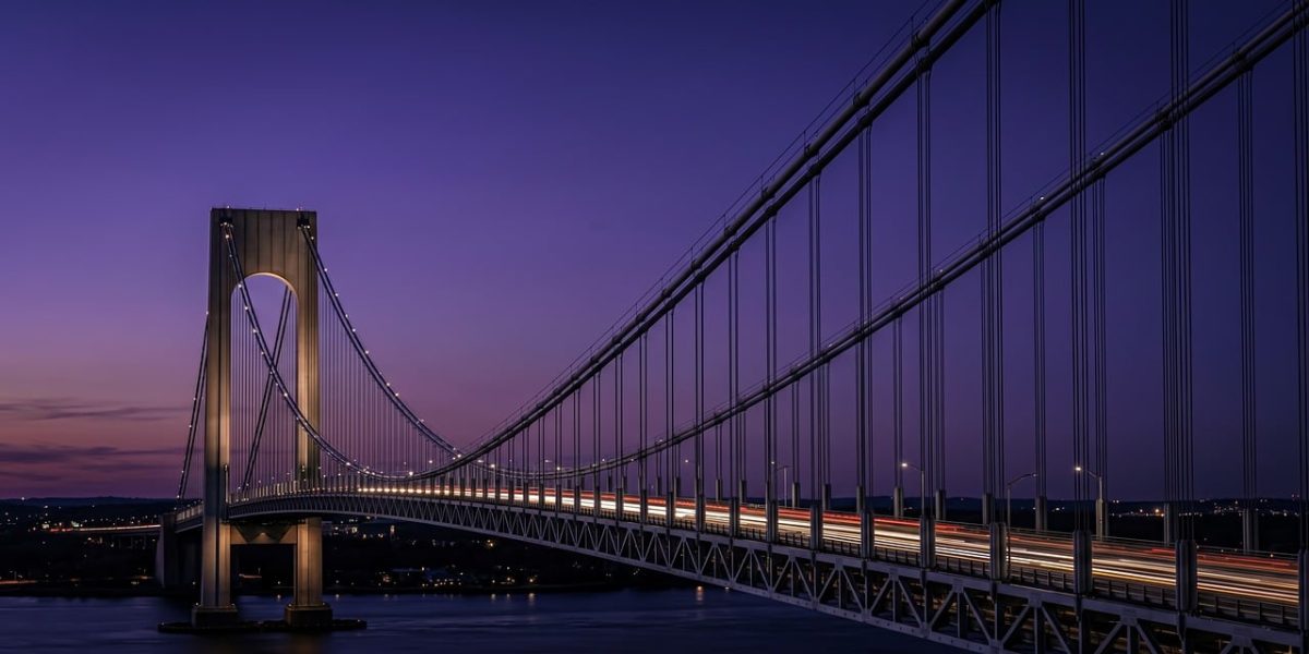 bridge, nature, suspension, cable, architecture, structure, night, twilight, purple sky, long exposure, light trails, river, water, traffic, highway, transportation, engineering, landmark, dusk, evening, infrastructure, dark, moody