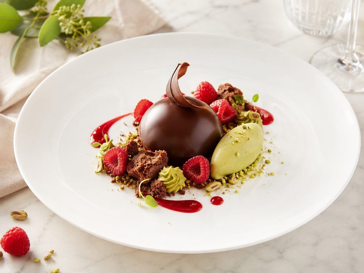 dessert, chocolate sphere, raspberry, pistachio, raspberry puree, chocolate decoration, plate arrangement, gourmet, white plate, fine dining, gastronomy, modern cuisine, tableware, sweet, art on plate, luxury food, culinary art, perfect presentation, aesthetic photography, deconstructed dessert