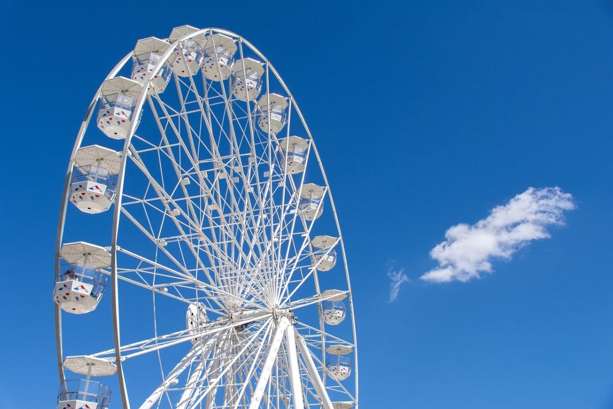 ferris wheel, blue sky, summer, carousel, fun, sky, ride, amusement park, wheel, height, white, celebration, city view, clear day, outdoor activities, history, kitsch, nature, jubilee, holiday, economy, travel, clarity