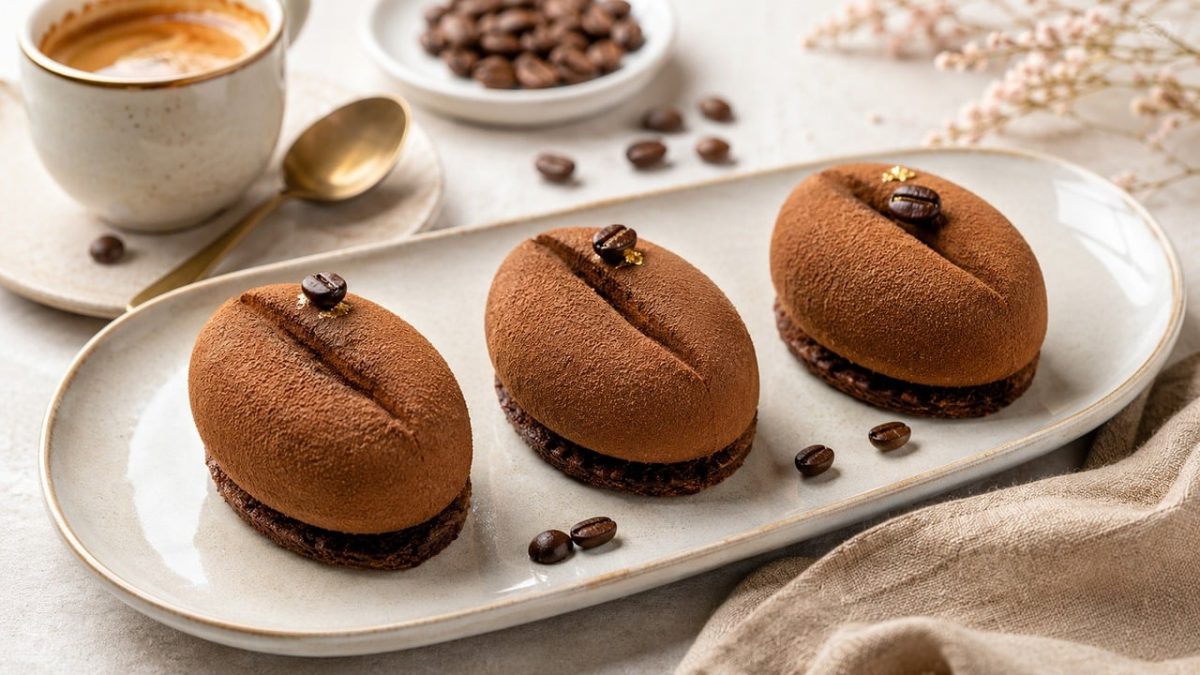 dessert, coffee, macaron, chocolate, coffee beans, espresso, ceramic plate, gold decoration, culinary presentation, whipped cream, decadent, gourmet, sweetness, delicate, beautiful, pastry, decorative, bakery, baking gallery