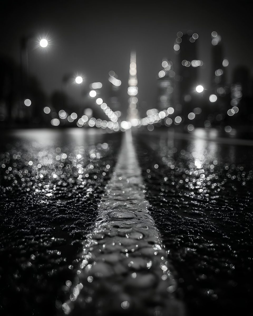 street, night, city, wet, road, lane marking, asphalt, dark, urban, transportation, traffic, black, white, cityscape, light, blur, bokeh, surface, rain, rainy, pavement