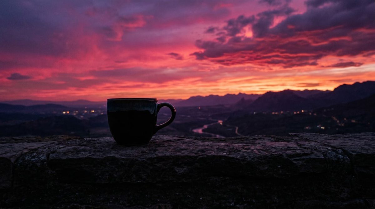coffee, mug, sunset, mountain, landscape, silhouette, evening, view, balcony, drink, coffee cup, dusk, nature, sky, clouds, horizon, warmth, relaxation, scenery, outdoor, light
