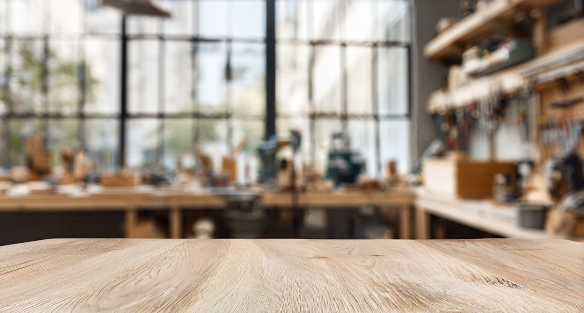 ai generated, table, wood, workshop, blur, background, space, empty, surface, texture, carpentry, interior, room, tools, shelving, material, craft, design, industrial, equipment