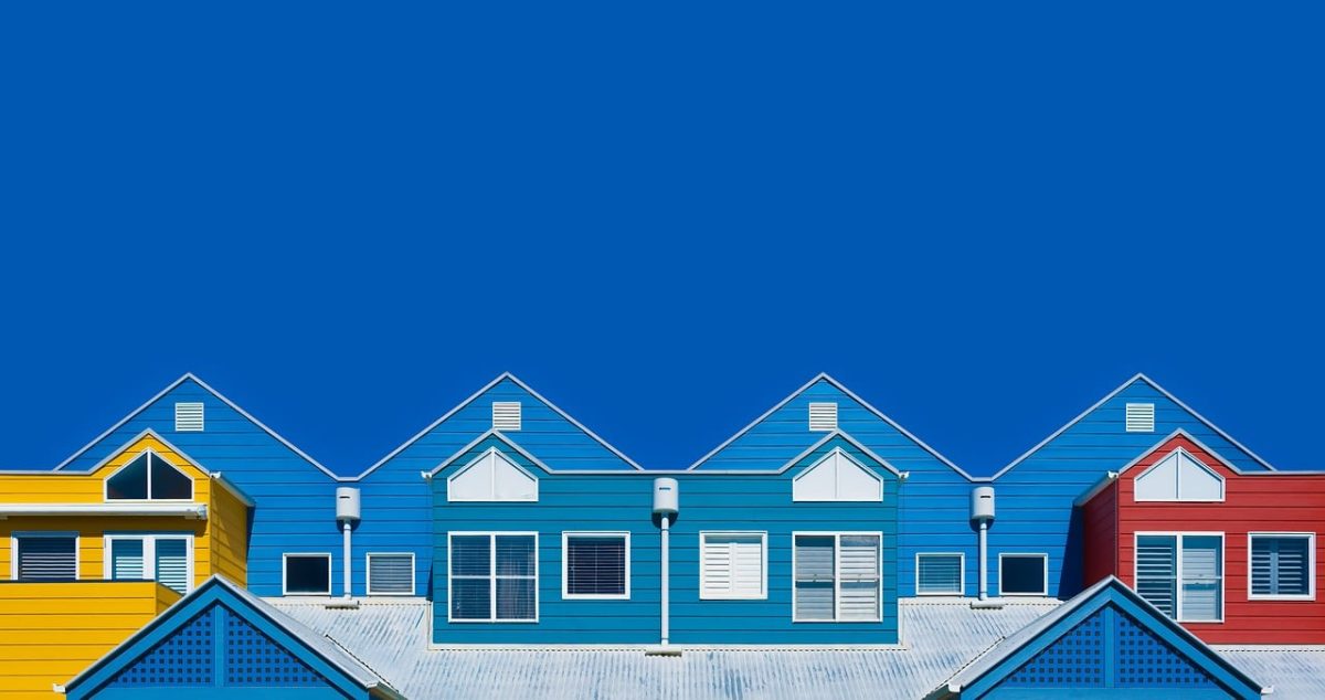 building, architecture, facade, roof, color, blue, yellow, red, village, location, decoration, bright, spot, retraction, notable, urban, windows, vibrant, linear, symmetrical