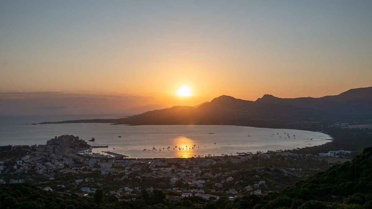 sunrise, calvi, corsica, bay, sea, sky, morning, nature, landscape, mountains, mediterranean, island, summer, vacation, harbor, sun, dawn, water, clouds, france, gulf of calvi