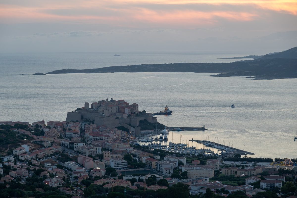 calvi, corsica, dawn, harbor, citadel, sea, city, sky, morning, nature, mountains, mediterranean, island, summer, vacation, gulf of calvi, aurora, clouds, france, water, boats