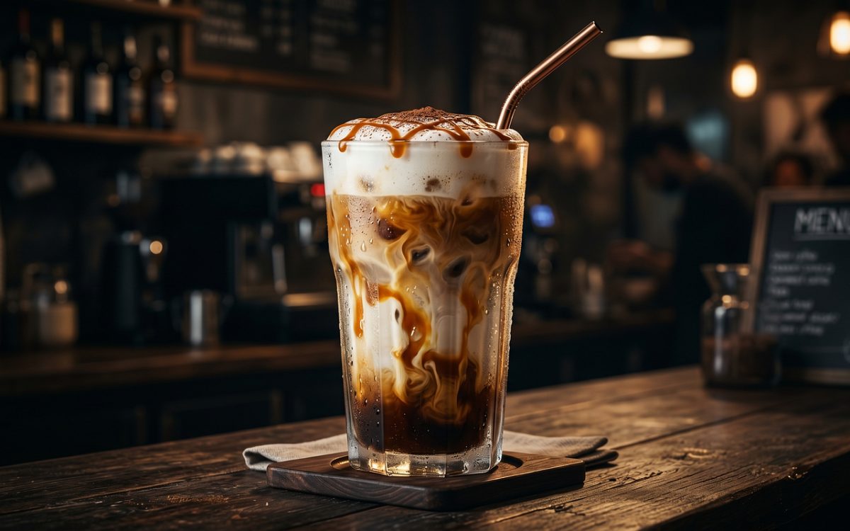 iced coffee, glass, caramel, straw, bar counter, menu board, ambient lighting, hot, beverage, barista, cream, espresso, top view, blurred background, everyday coffee, festive, brown sugar, coffee shop, interior design, café