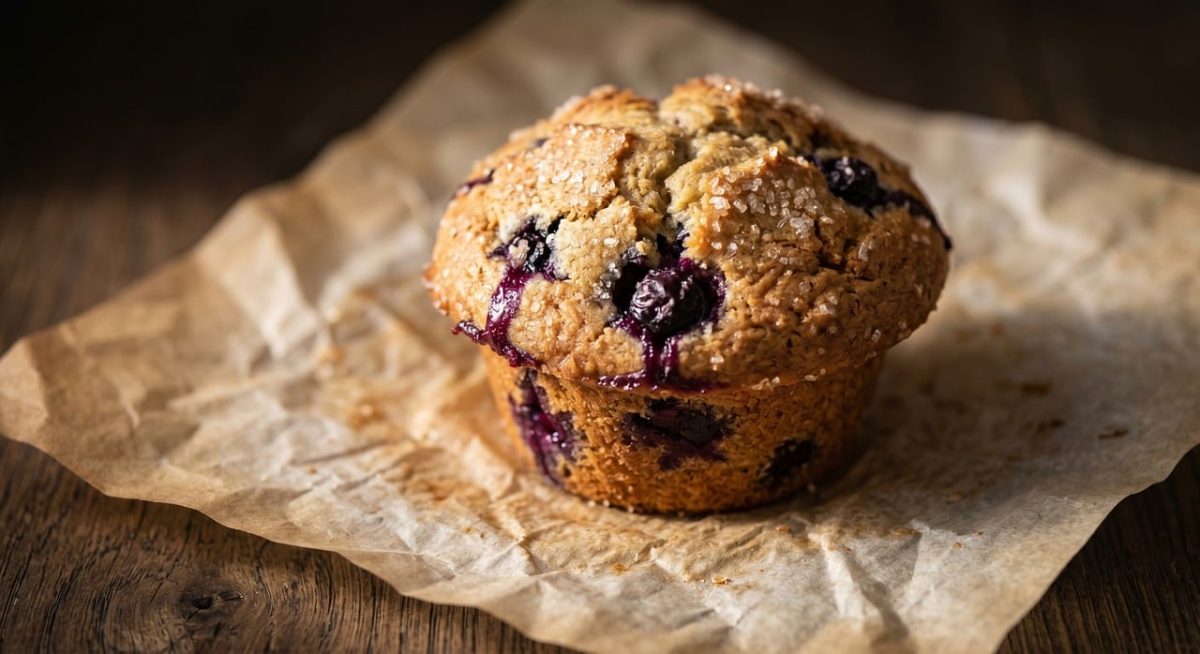 muffin, blueberry, sugar, pastry, food, sweet, breakfast, bakery, snack, paper, wooden table, baking, close-up, delicious, treat, fresh, homemade, crumbs, rustic, gourmet, texture