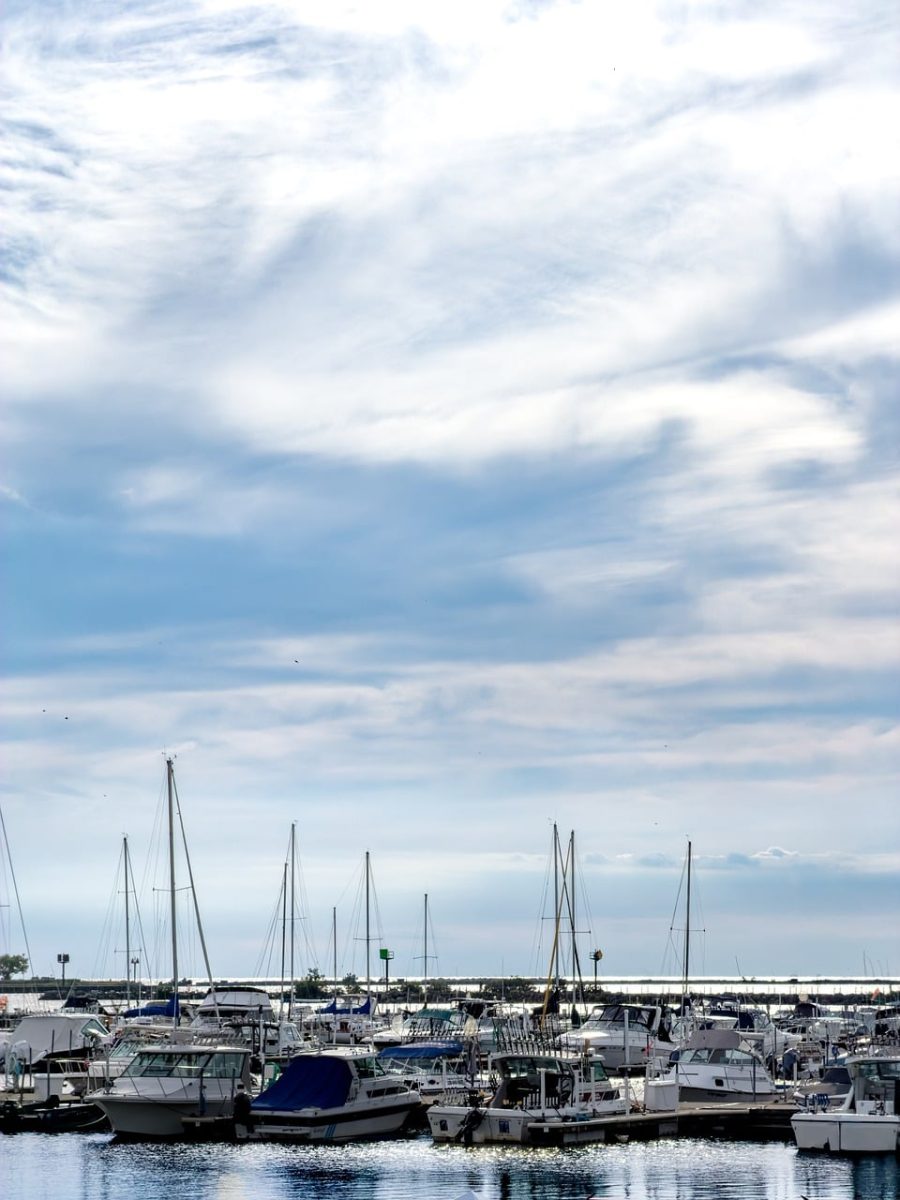 boat, harbor, yachts, lake, blue sky, clouds, coastline, lake erie, nature, sky and clouds, clear day, city of cleveland, usa, masts, dock, viewing area, boats on water, recreation, travel, calm water