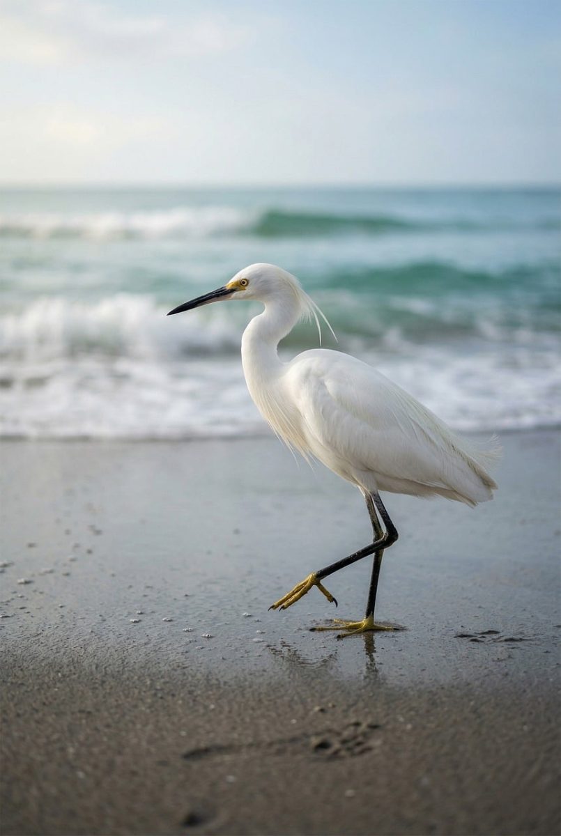 egret, yellow legs, beach, ocean, calm, nature, waves, bird, coastline, white feathers, flock, reflection, blue sky, outdoor shot, water surface, sand, wildlife, black beak, daylight, bird species, coastal area