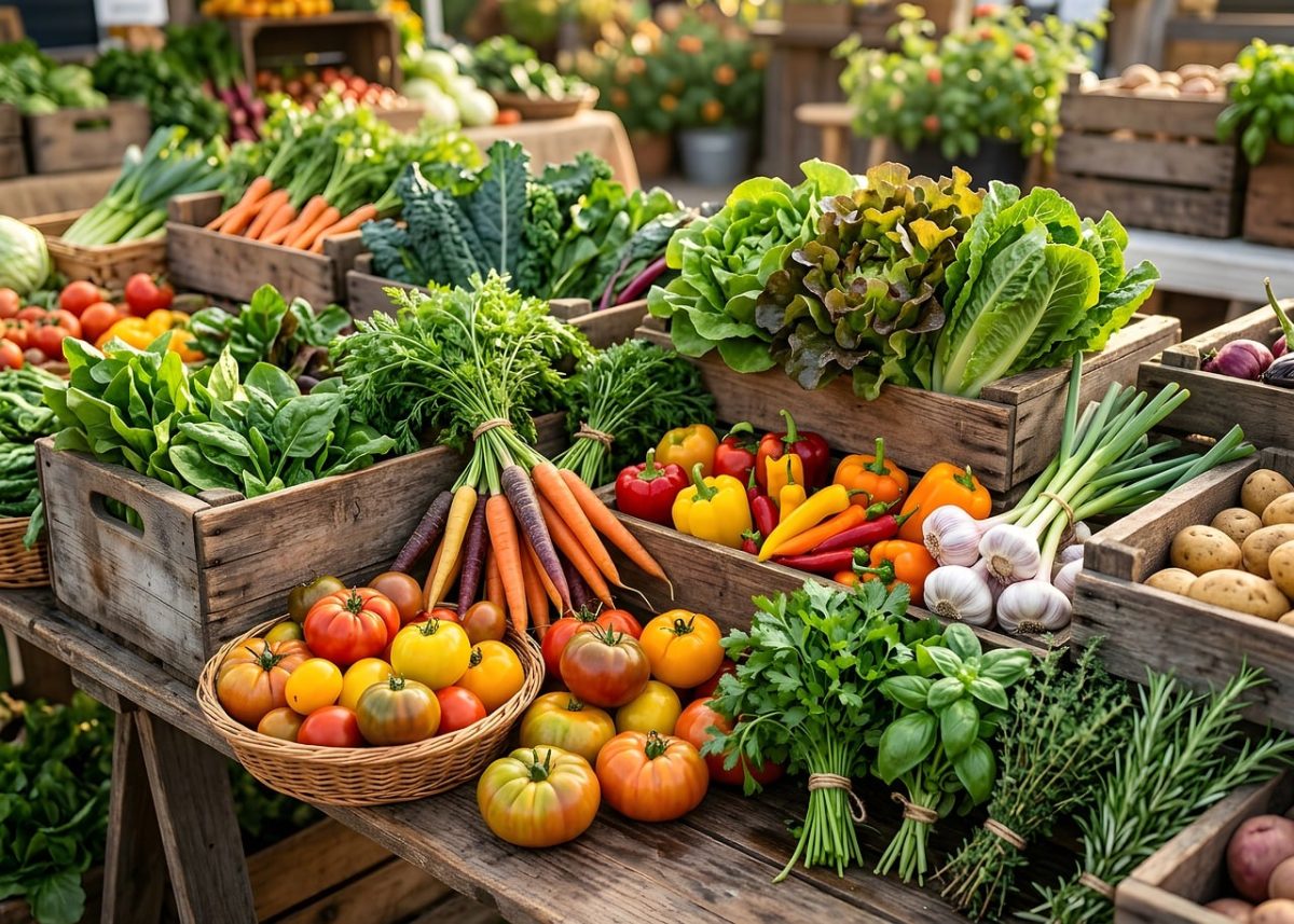 market, vegetables, fresh, wooden crate, tomato, bell pepper, carrot, lettuce, garlic, herbs, heirloom, agriculture, harvest, market stall, healthy, vegan, ingredient, colorful, cooking, natural