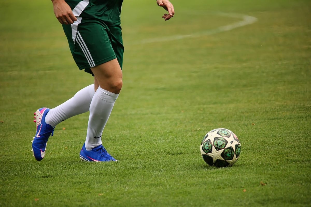 soccer, player, green, uniform, shoes, nature, lawn, footballer, grass, cleats, kick, sport, blue, ball, motion, white socks, football field, action, sports equipment