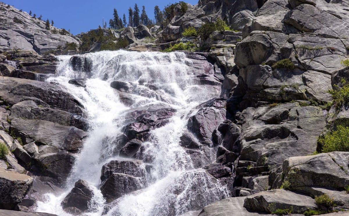 waterfall, landscape, nature, rocks, clear, sunny, mountaineering, snow, blue sky, tourism, summery, strong current, time of day, mountain river, wilderness, hiking, village, erosion, damp