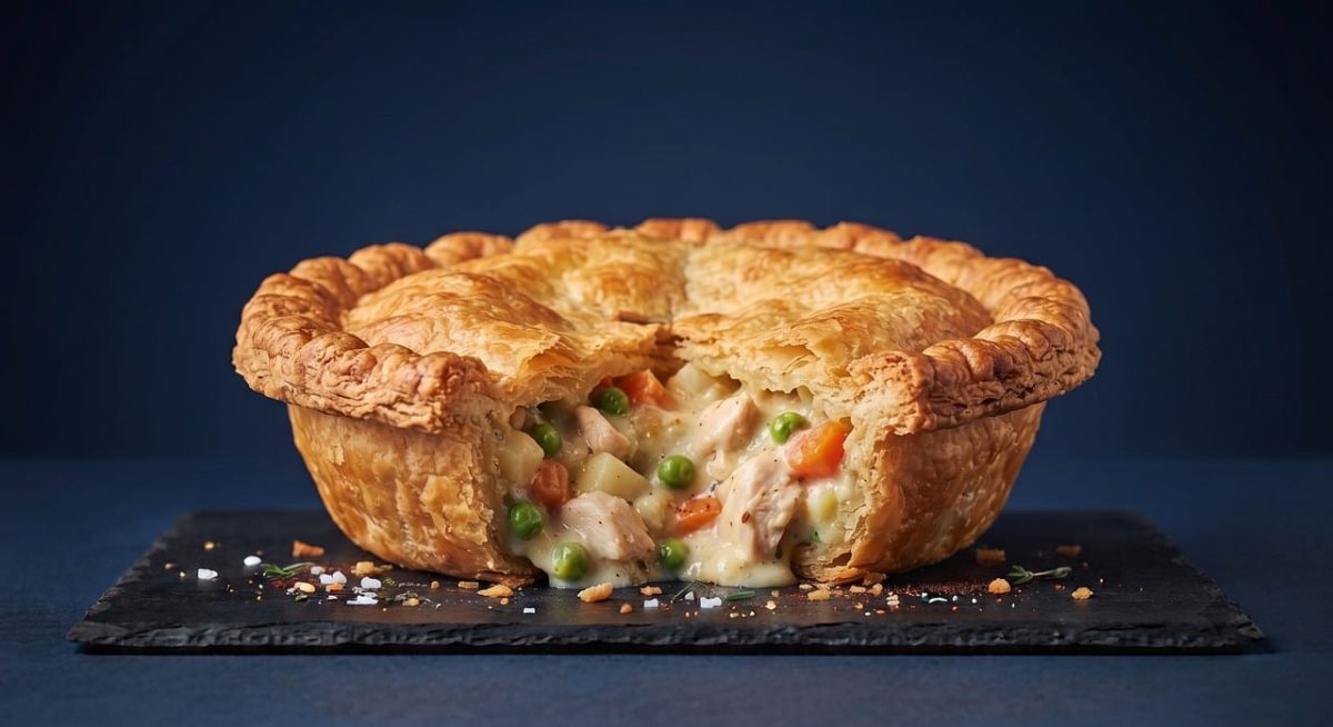 chicken pot pie, peas, carrots, pastry, crust, dinner, meal, comfort food, hot, homemade, delicious, dining, creamy sauce, baked, gourmet, appetizing, kitchen, sauce