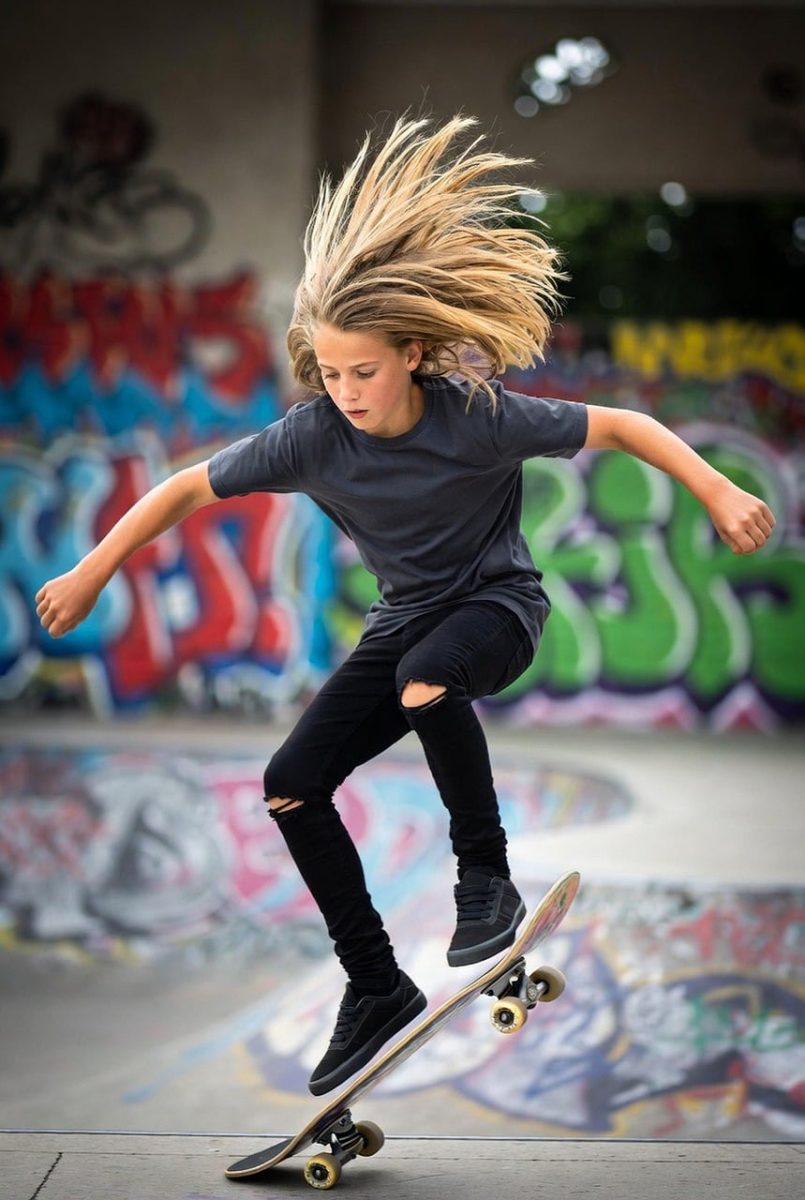skateboarding, skateboard trick, teen skateboarder, extreme sports, balance and coordination, graffiti wall, urban culture, outdoor recreation, creative expression, adolescent athlete, long hair, youth sports, action photography, youthful, city sport, teen boy, alternative lifestyle, youth fashion, motion and movement, skateboard lifestyle
