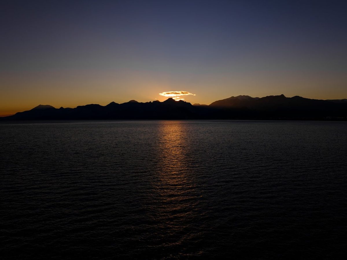sunset, sea, landscape, overhead, strong, nature, silence, shallow sea, reflections, blue, calm, dark sky, island, sunlit meadows, south, mountains, travel, not much, environment, awesome, calm before storm