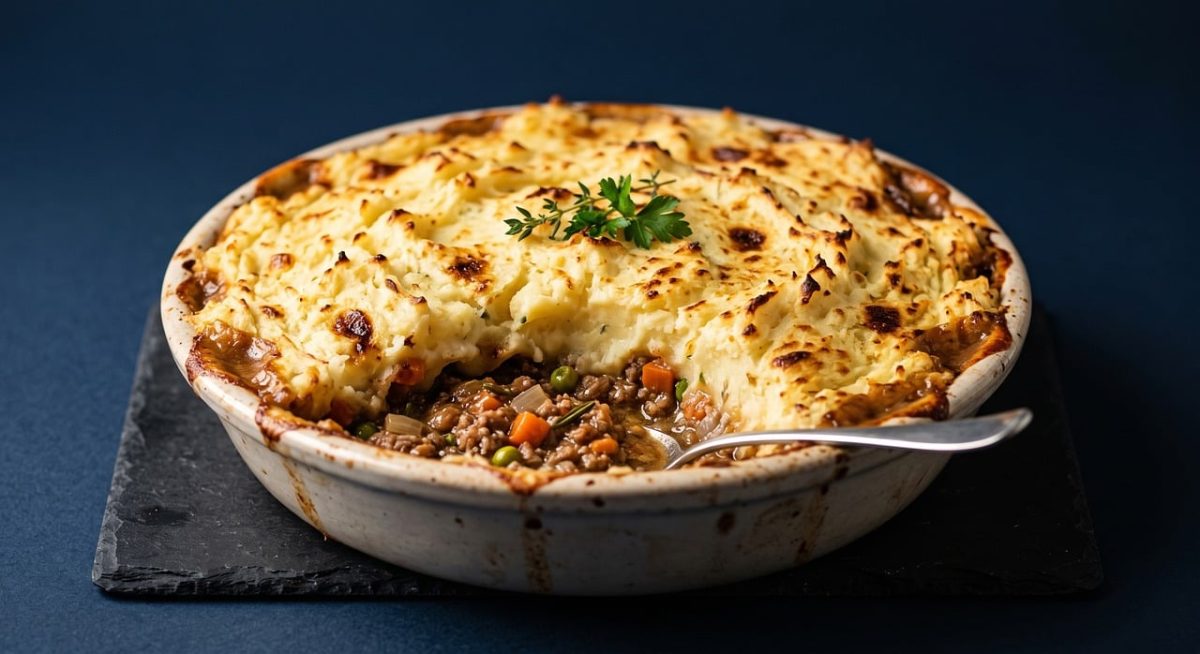 shepherd's pie, mashed potato, meat, vegetables, peas, carrots, herbs, dinner, plate, spoon, golden, crisp, rustic, delicious, hearty, comfort, gourmet, culinary, slate