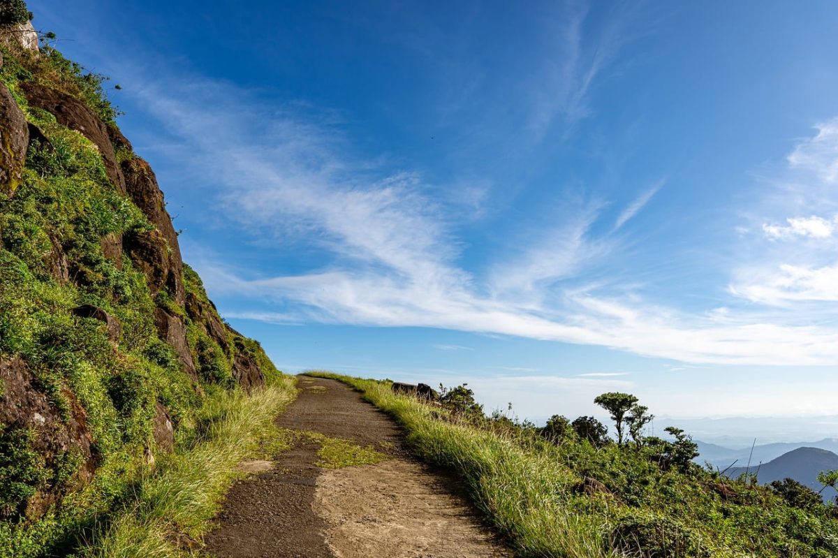 mountain path, blue sky, clouds, cliff, green vegetation, natural beauty, sunny day, mountains, hiking trail, nature, travel, excursion, relaxation, peaceful, vacation, sky, panorama, hiking, refuge, exterior, perspective