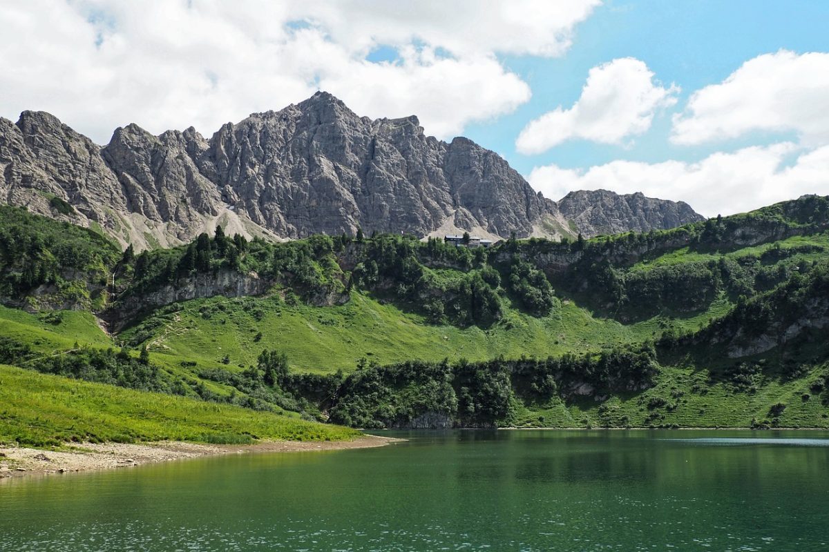lake, mountain, shore, nature, hiking, landscape, alps, cabin, relaxation, tranquility, outdoors, summer, blue sky, tourism, visibility, silence, clear, hill, idyllic, tannheim valley, europe