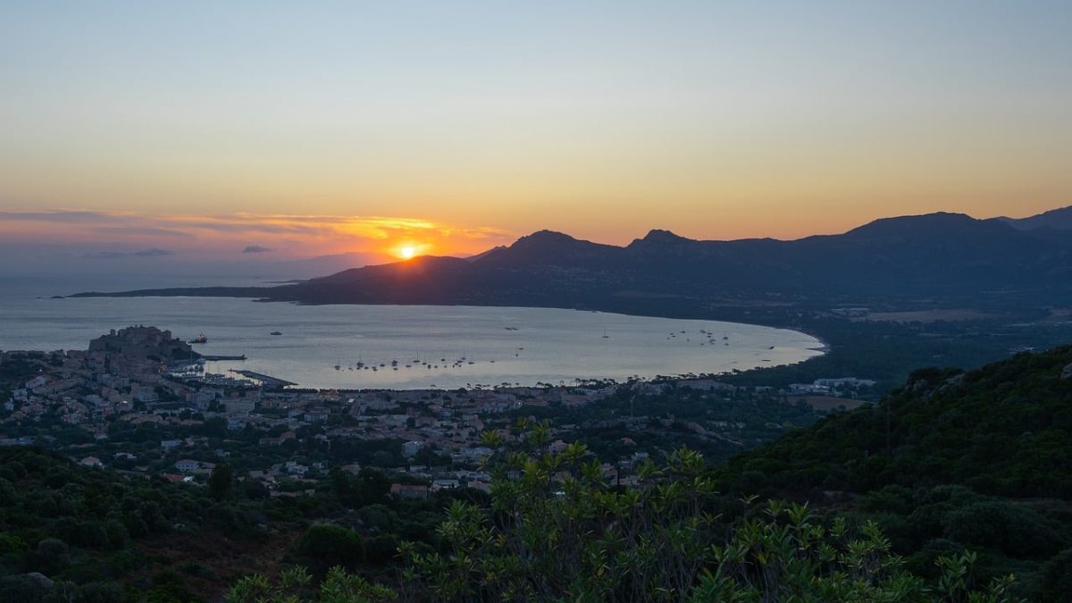 sunrise, sea, calvi, bay, morning light, romantic, mountains, morning mood, vacation, corsica, mediterranean, nature, landscape, island, france, calm, sun, light, summer vacation, corsica island