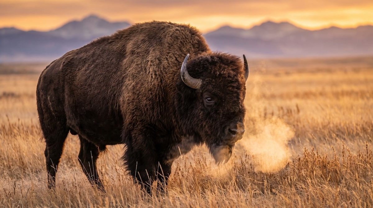 bison, sunset, nature, tundra, autumn, mountains, american bison, breath in cold, grass, mammal, animal, wilderness, steam, trending, thick fur, western american, body, horn, fur