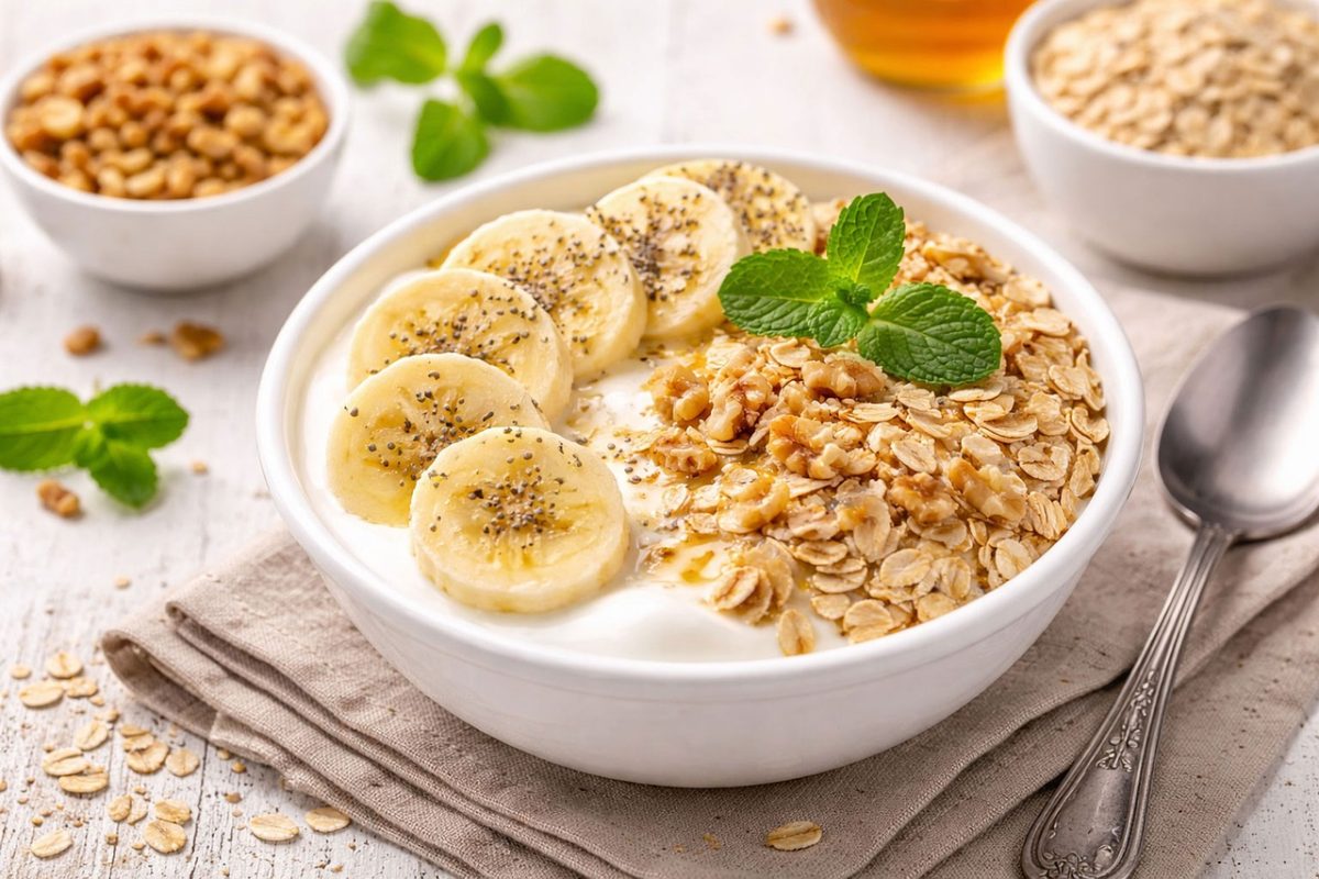 oatmeal, banana, breakfast, teaspoon, almond milk, chia seeds, honey, dairy product, healthy, oatmeal with banana, fresh fruit, bowl, instant oatmeal, summer health, homemade preparation, minimalist food, fiber source, sugar-free, fruit topping, grain breakfast, flavor balance, ai generated