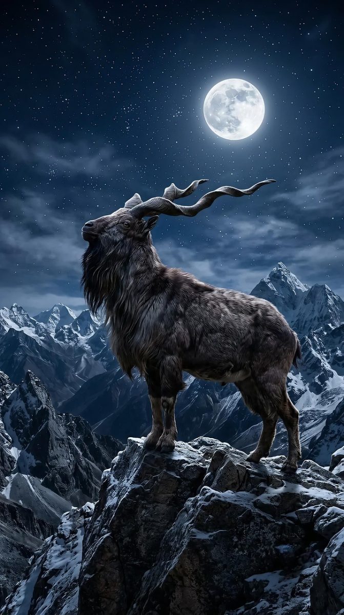 goat, mountain, ibex, full moon, stars, night sky, wilderness, night, alps, landscape, winter, dramatic, night calm, nature, snow, fresh air, strength, mountainous, solitude, intense