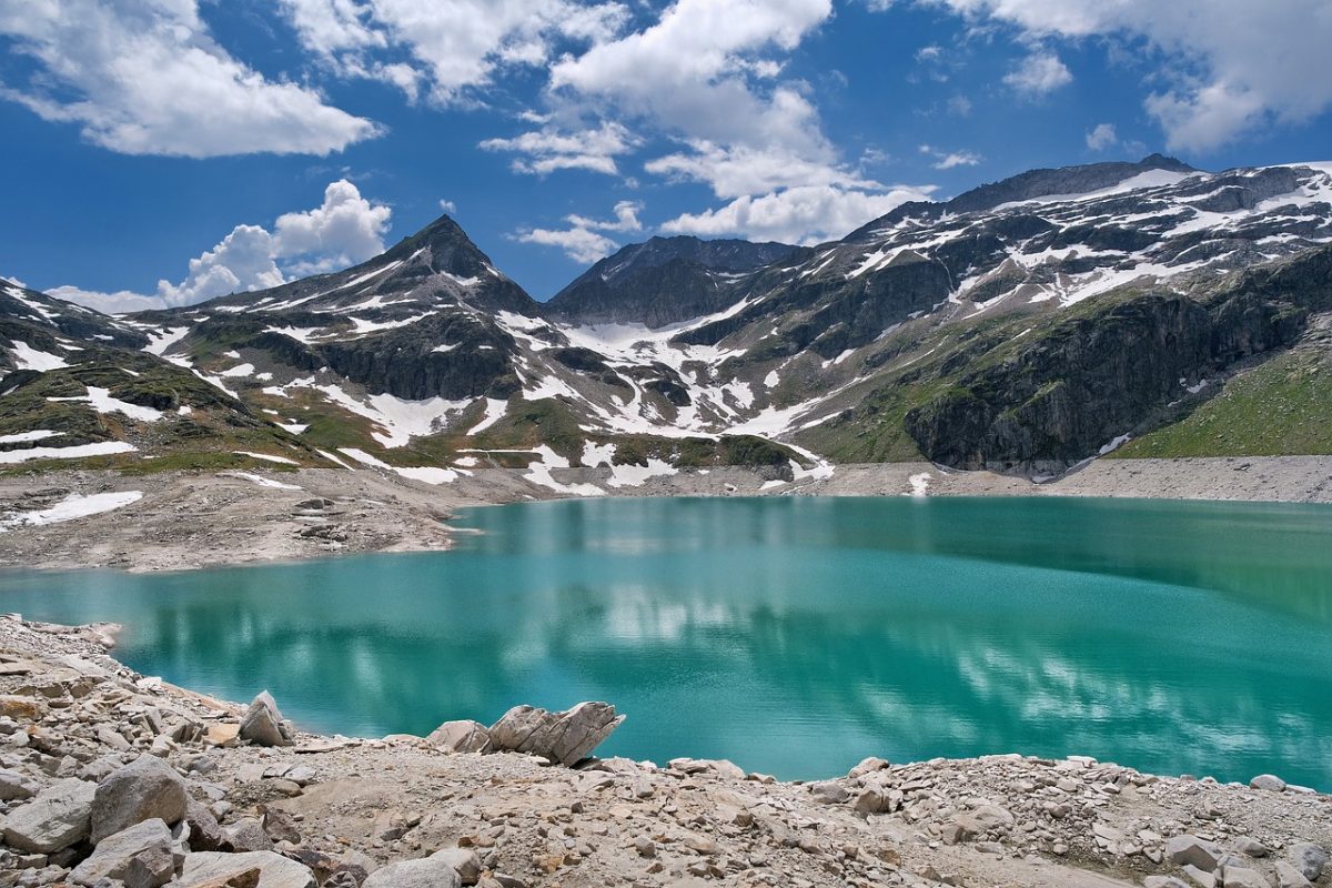 lake, mountains, snow, nature, turquoise water, summer, alps, hiking, panorama, rocky, outdoors, europe, tourist destination, leisure, blue sky, peaceful, postcard, hills, grassy