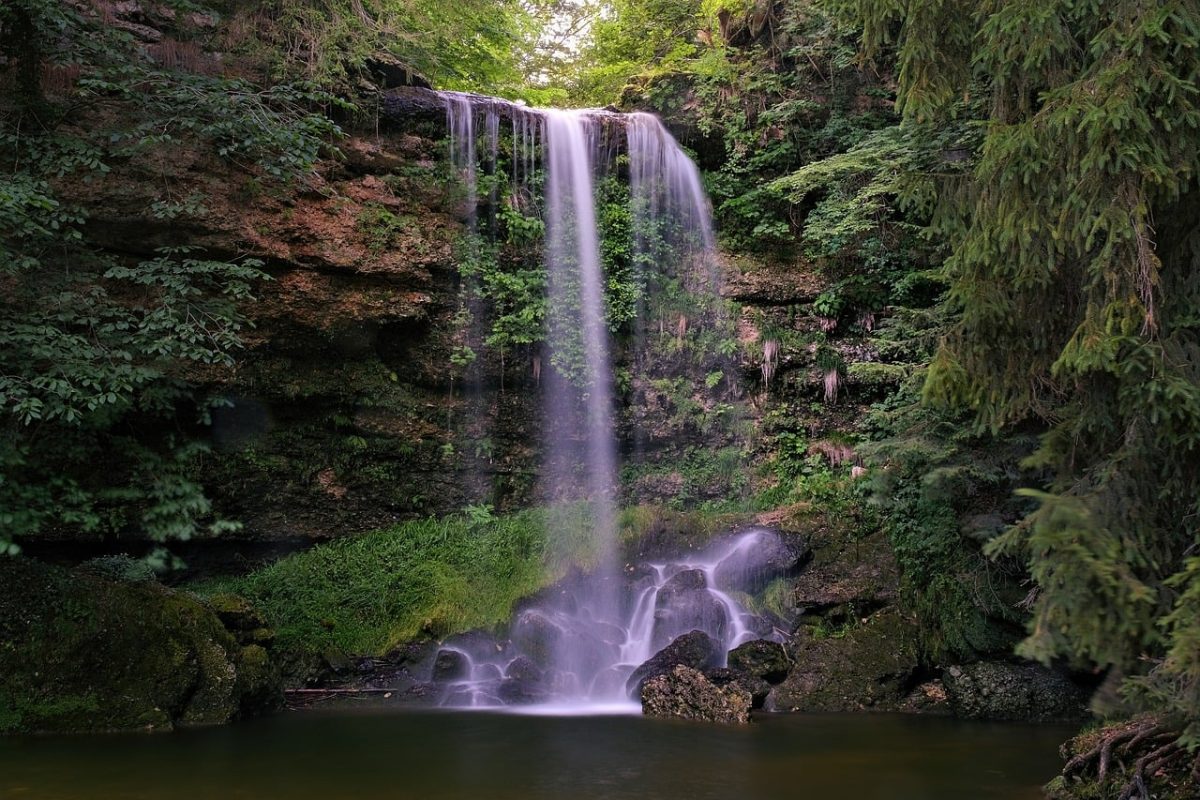 waterfall, forest, nature, rock, green, calm, silence, wild, location, peaceful, tropical, travel, hiking, water, cascade, cliff, vegetation, primary forest, wilderness, rapids