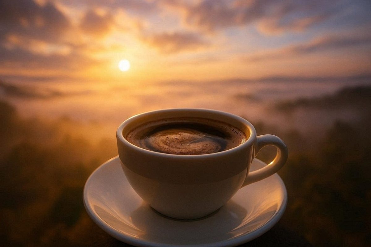 cup, coffee, sunrise, mist, hot drink, nature, relaxation, peaceful, dawn, breakfast, finch, café, coffee cup, cozy, calm, morning, beauty, western style, fine art, aesthetics