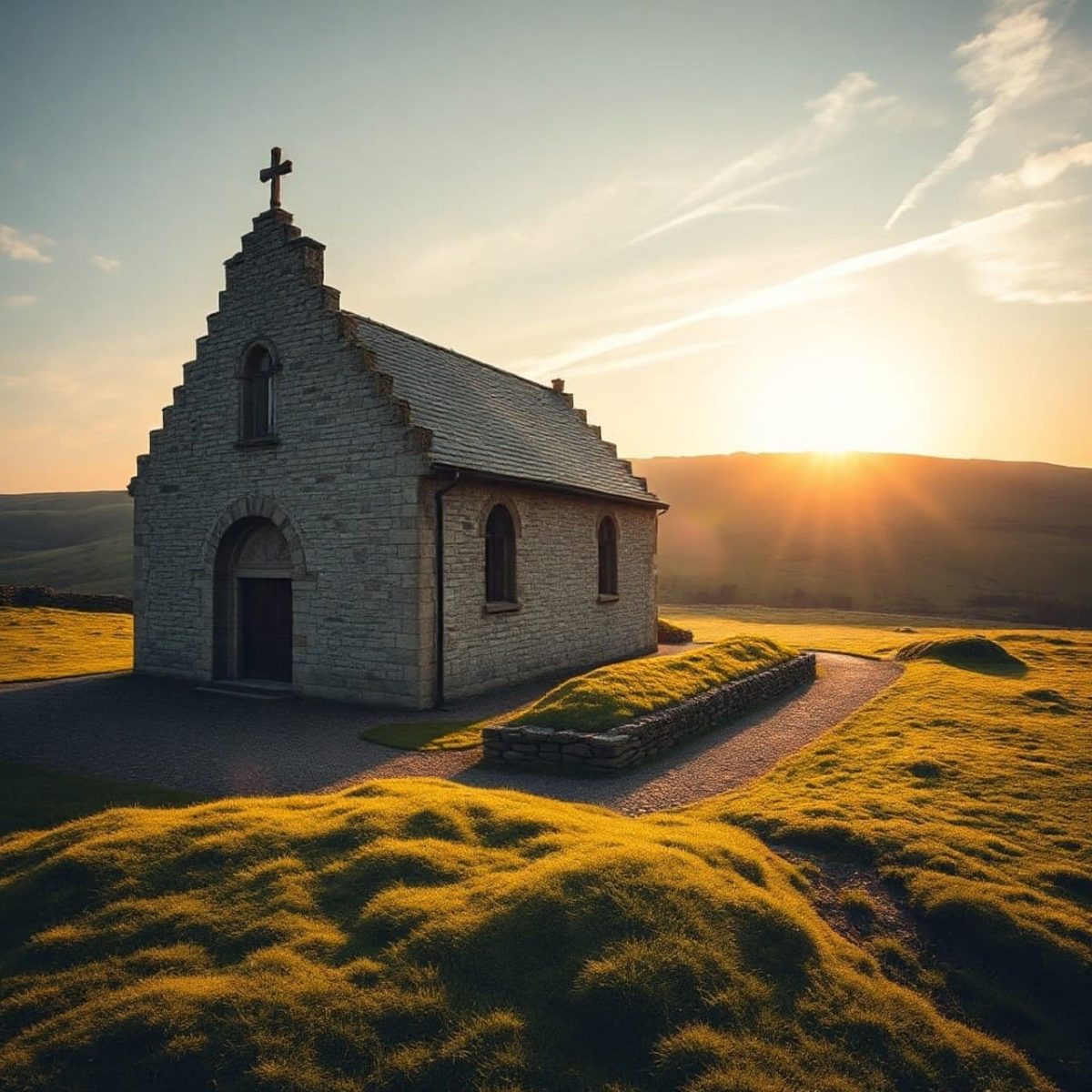 church, sunset, landscape, green grass, cross, stone building, religion, architecture, nature, mountains, sunshine, countryside, peaceful, blue sky, quiet, czech countryside, pilgrimage site, tourist attraction, historic building