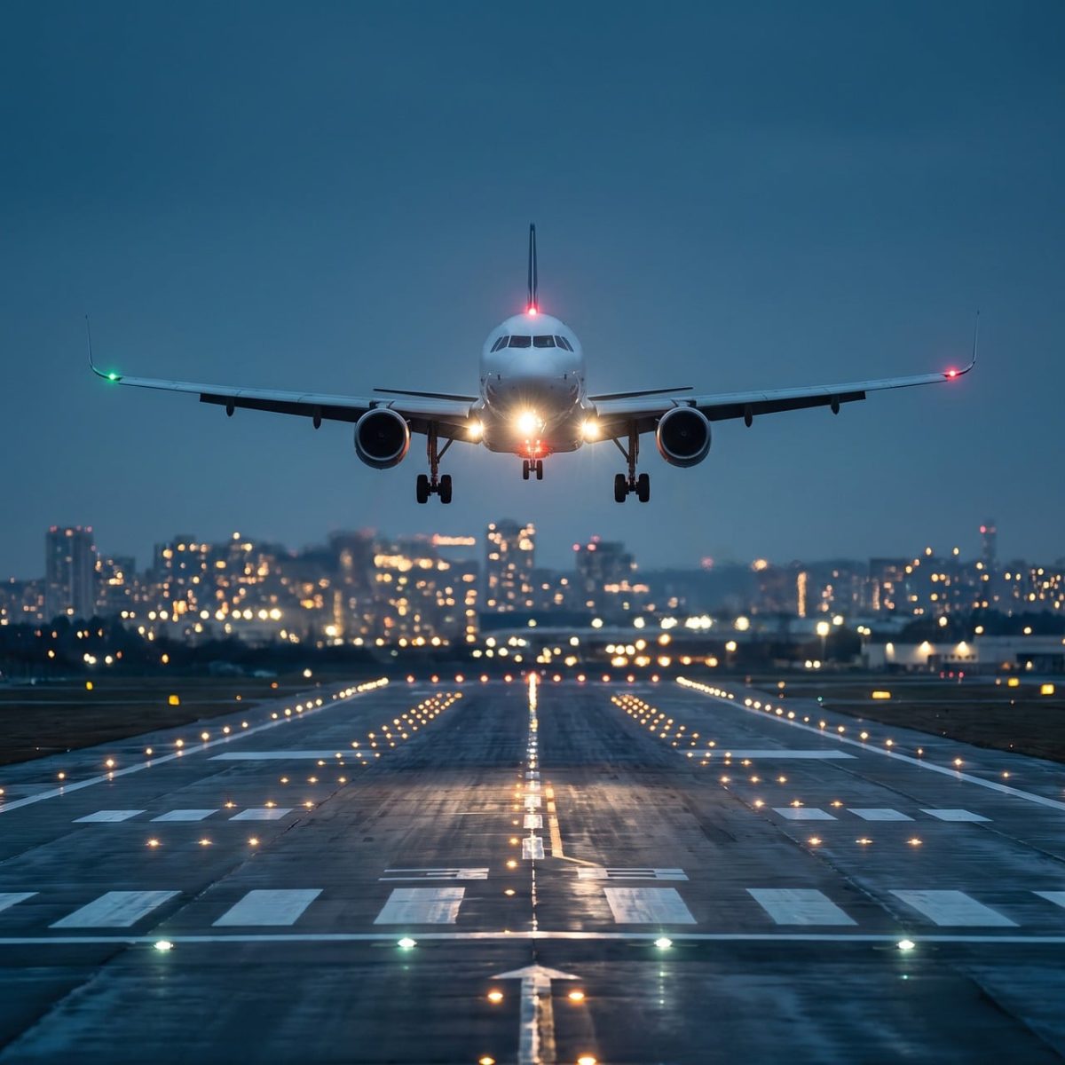 airplane, landing, runway, nature, city, night, city lights, transportation, aviation, landing lights, control tower, runway lights, arrival, front view, calm, safety, evening flight, uncertainty, bright lights, departure, sunset