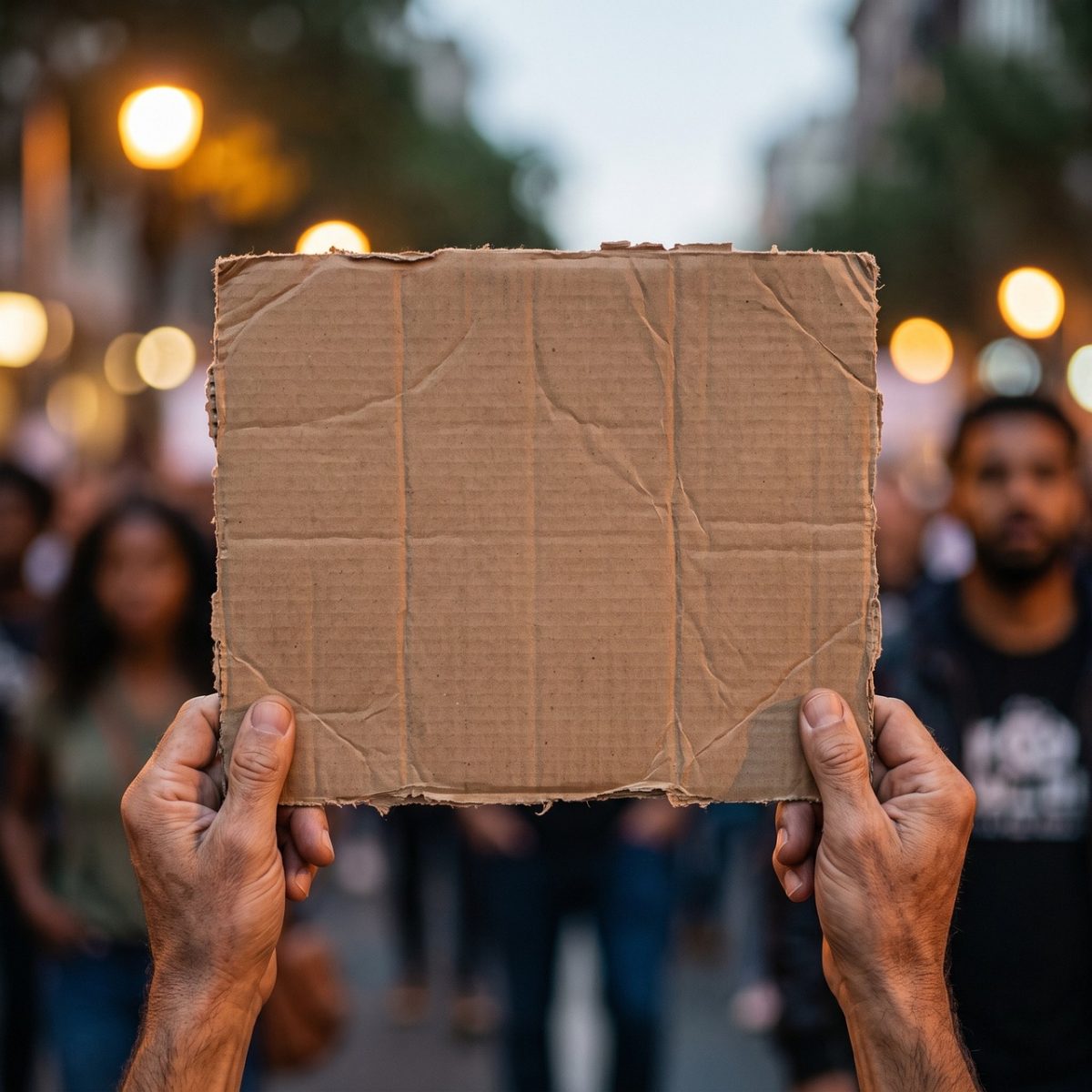 protest, cardboard sign, demonstration, protester, peace, hands, location, activism, empty, justice, city, evening, lighting, change, society, people, movement, democratic, public space, emotional
