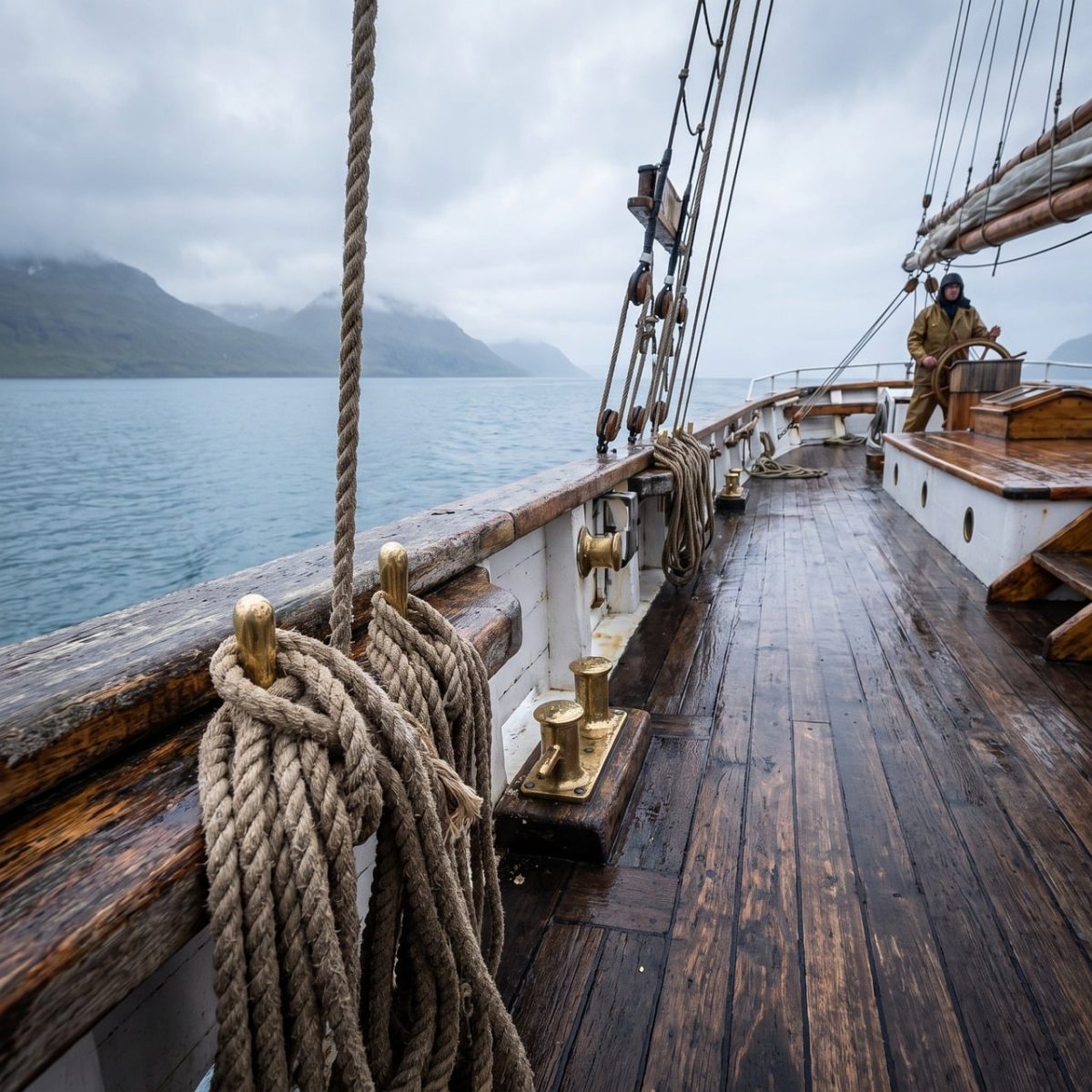 sailing ship, ropes, baltic sea, anchor, deck, water surface, sea landscape, boat, blue sky, sailing, foggy, nature, cruise, adventure, tourism, vacation, rough sea, coastal view, wooden deck