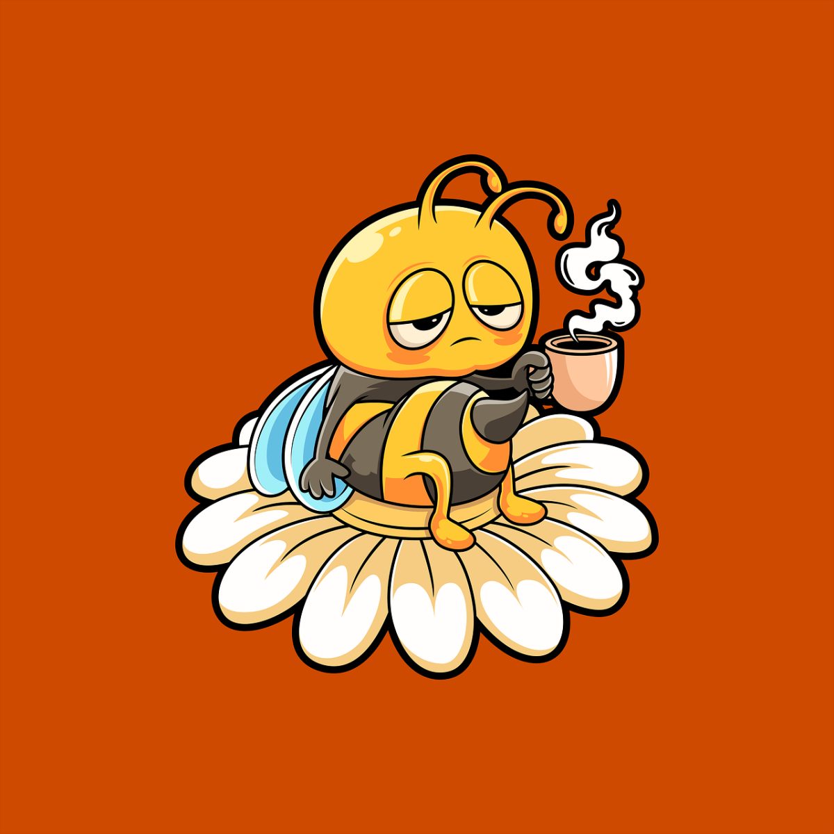bee, cartoon, funny, nature, flower background, flower, coffee, petal, tired, relax, beautiful flowers, morning, rest, smile, beehive, flower wallpaper, cartoon character, yellow, mug, coffee cup, cartoon art