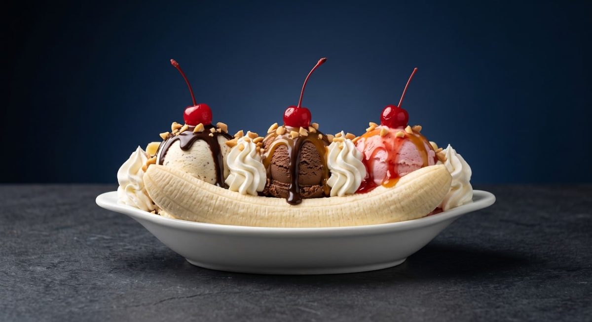 banana, ice cream, chocolate, strawberry, vanilla, whipped cream, cherry, nuts, dessert, refreshment, summer, nature, bowl, split, syrup, delicious, treat, creamy, sweet, texture, indulgence