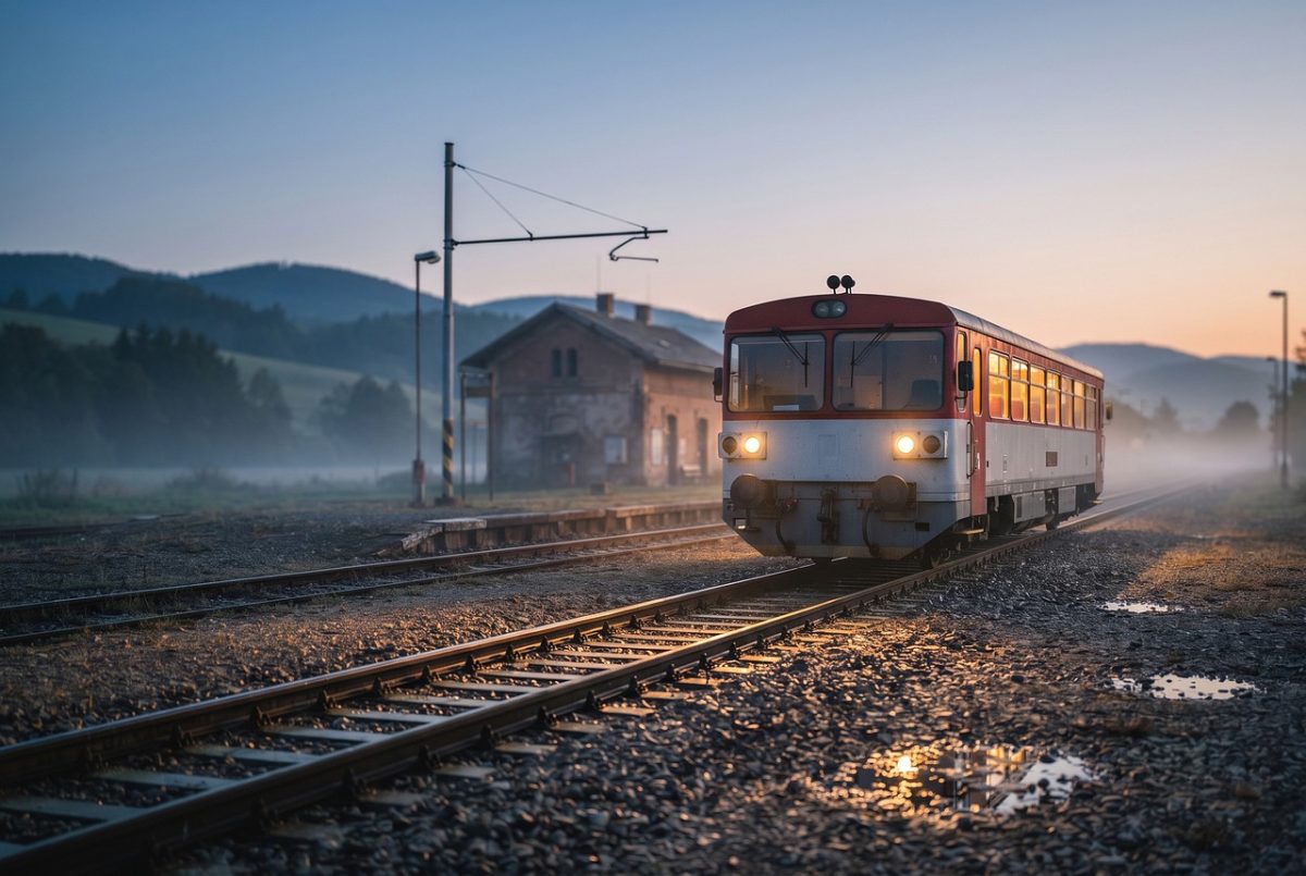 train, station, tracks, morning, mountains, village, countryside, transportation, public transport, fog, nature, sunrise, best practice, journey, dawn, empty, nostalgia, regional train, mountain landscape, bird's eye view