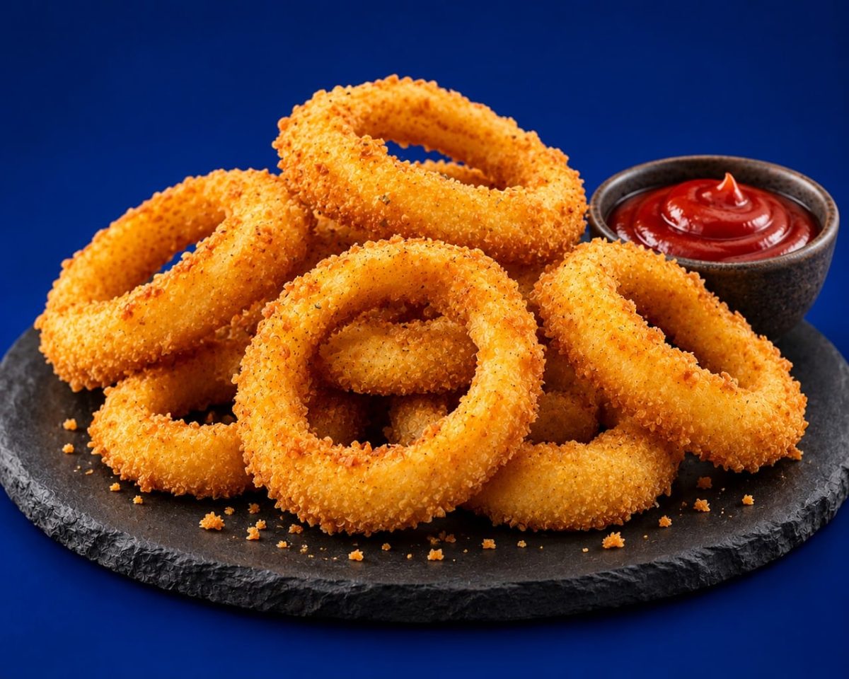 fried, crispy, onion rings, golden, appetizer, plate, black surface, tasty, crunchy surface, homemade, gourmet, fast food, side dish, dipping sauce, ketchup, bowl, soy sauce, savory, culinary, dessert