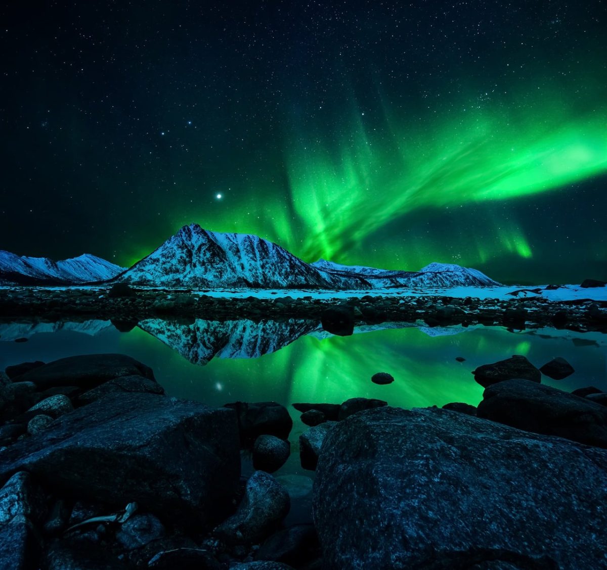 aurora borealis, night sky, stars, mountain, reflection, rocks, water, lake, winter, nordic countries, snowy landscape, nature, norwegian landscape, beauty, tourism, tranquility, midnight sun, lights, night, scandinavia, magic