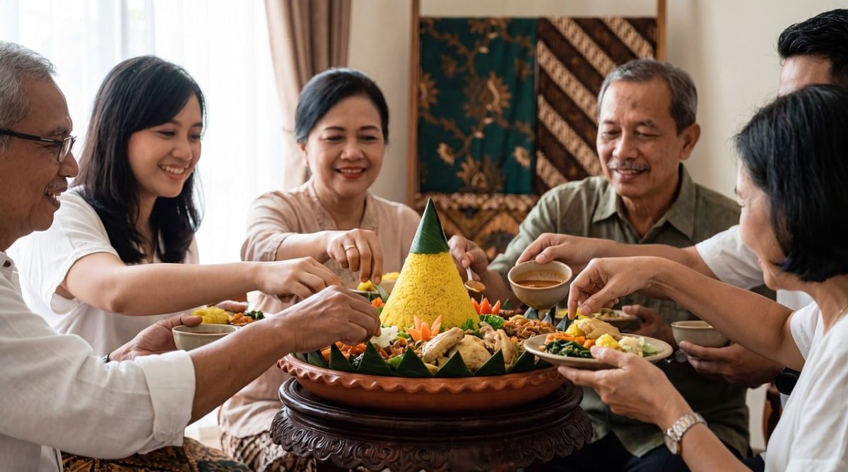 tumpeng, traditional food, family gathering, shared meal, smile, birthday celebration, family, traditional clothing, rice, indonesian cuisine, cultural celebration, cone rice, social event, enjoy, diversity, traditional holiday, household, food festival, help, socially significant
