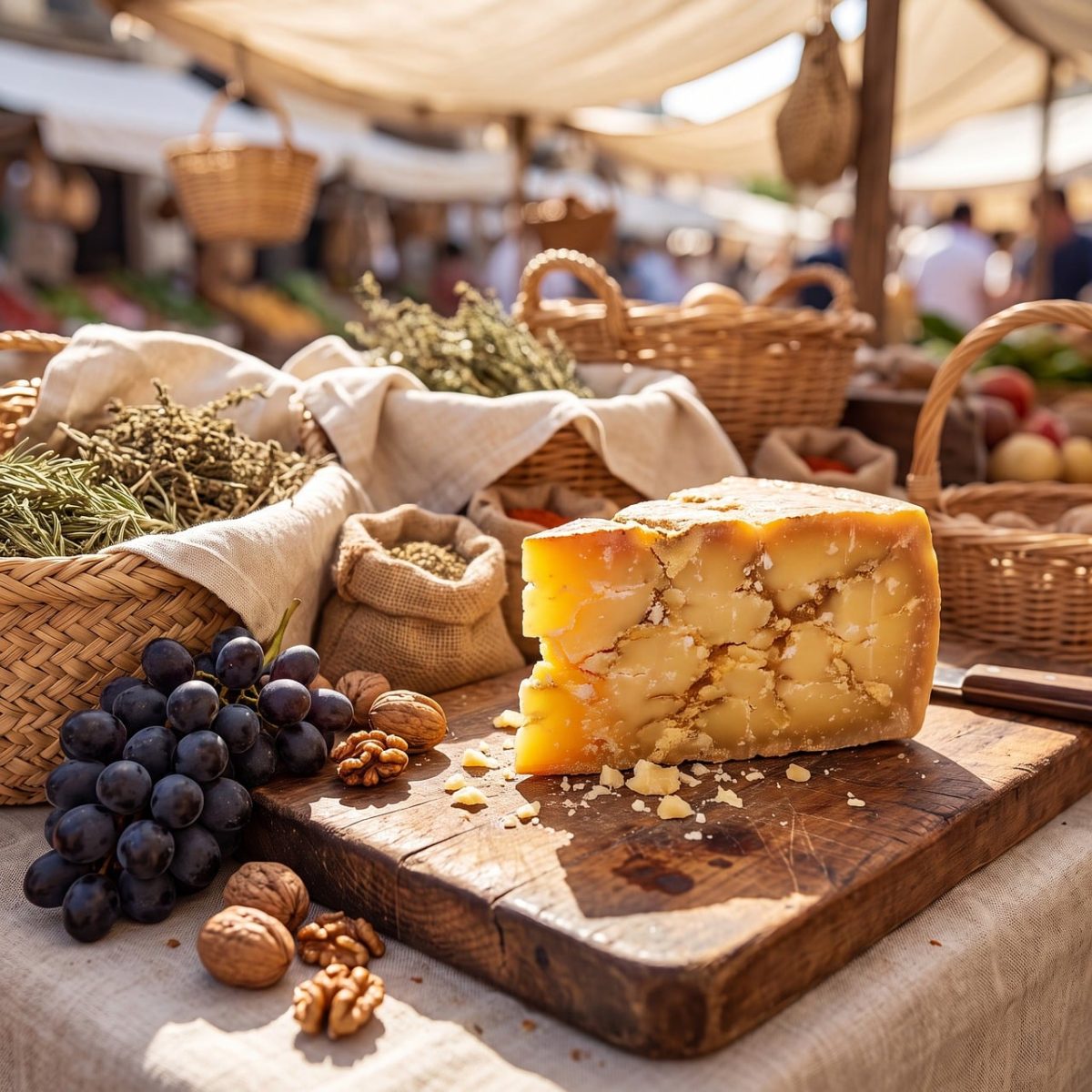 cheese, grapes, nuts, market, wood, basket, herbs, deli, analog photography, sunny, rustic, favorite spots, public space, countryside, vendor, stalls, feast for the eyes, display, food, produce